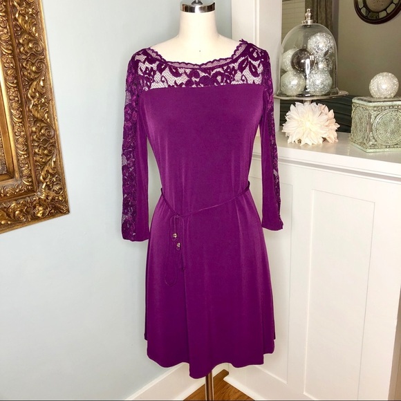 Ivanka Trump Lace Illusion Fit and Flare Dress Tie Waist Purple 4 Small - Picture 2 of 9